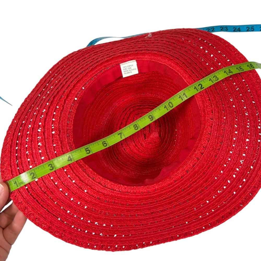 Red Straw Sun Hat Wide Brim Perforated Summer Beach Vacation Retro - Picture 4 of 5